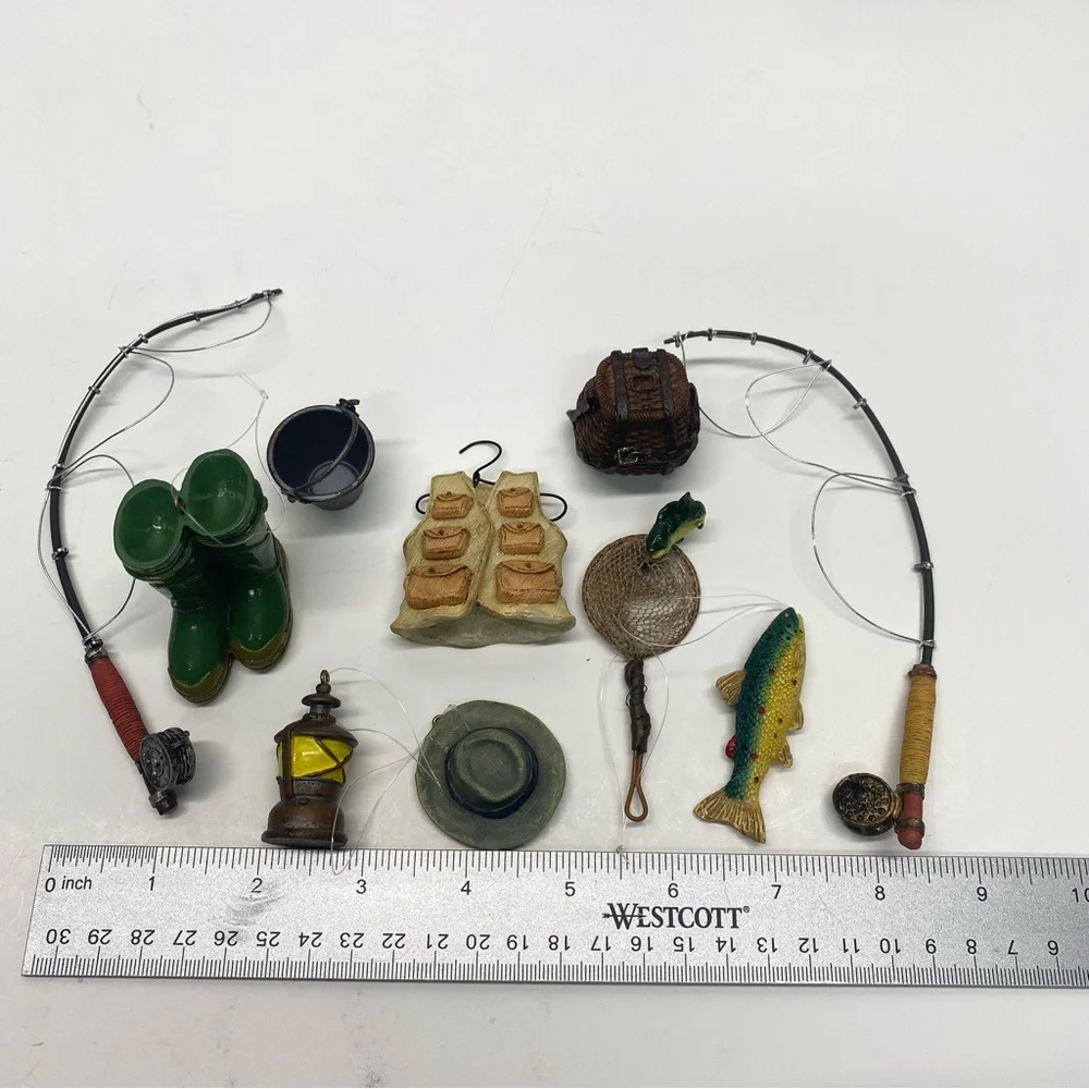 Fishing Miniature Set of 10 Christmas Tree Ornaments boots rods & accessories